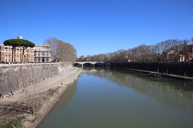 Tiber nehrinin yeşil bir manzarası köprünün arka planındaki binalarla çevrili.