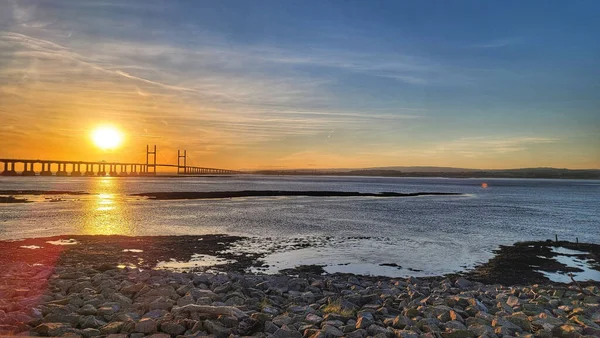 Scenic View Stone Bridge Sea Sunset Captured Rocky Beach — Stock Photo, Image