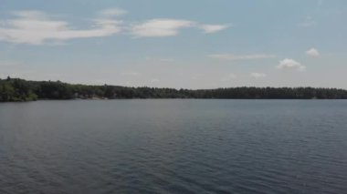 Bir dron yazın ormanın ortasında tatlı su gölünün üzerinden uçar.