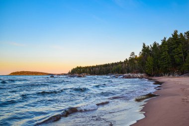 Arka planda ağaçlar olan büyüleyici bir kıyı şeridi manzarası