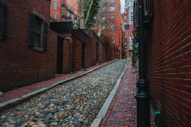 İki taraftan da tuğla duvarlarla çevrili dar bir çakıl taşı patikasının güzel manzarası.