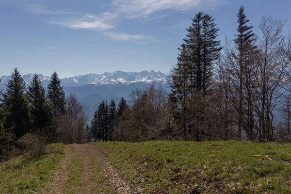 Güneşli bir günde Alpler, Fransa 'nın düşük açılı bir görüntüsü.