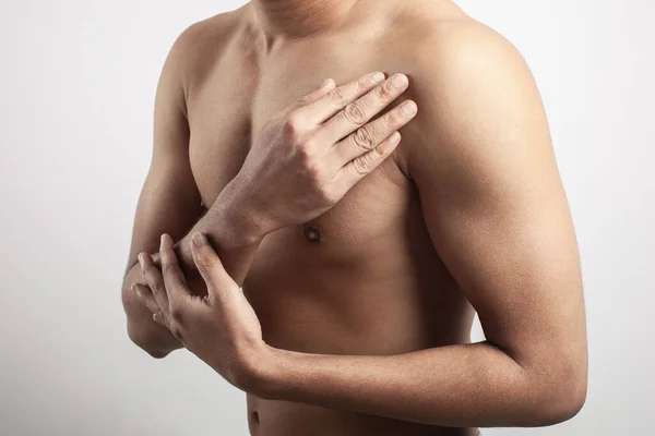 Young Caucasian Man Touching Shoulder Zone Inflammation Pain Deltoids — Stock Photo, Image