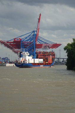 Waltershof, Hamburg Mitte, Hamburg, Almanya, 1 Temmuz 2019, Hamburg liman konteynır terminali Buchardkai Elbe Nehri 'nden görüldü.)
