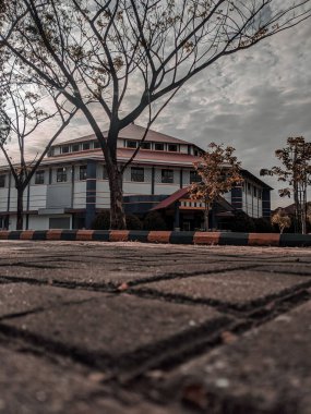 Kasvetli bir arka planı olan güzel bir bina manzarası.