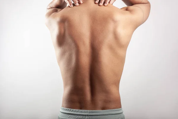 Shirtless Man Showing His Backache Touching His Neck Injury Pain — Stock Photo, Image