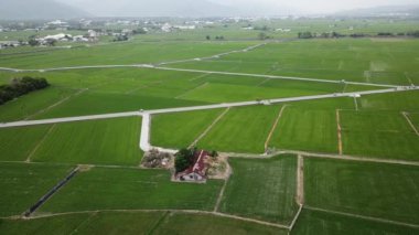 Bulutlu bir günde geniş tarlalardan geçen güzel bir otoyol manzarası.