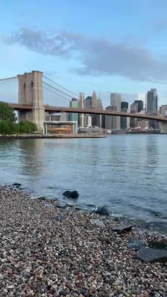 Nagranie Pionowe Brooklyn Bridge Panoramą Manhattanu Nowy Jork Stany Zjednoczone — Wideo stockowe
