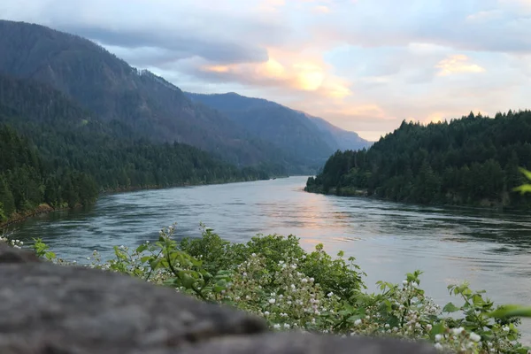 Uma Vista Panorâmica Rio Que Atravessa Montanhas Cobertas Vegetação Oregon — Fotografia de Stock