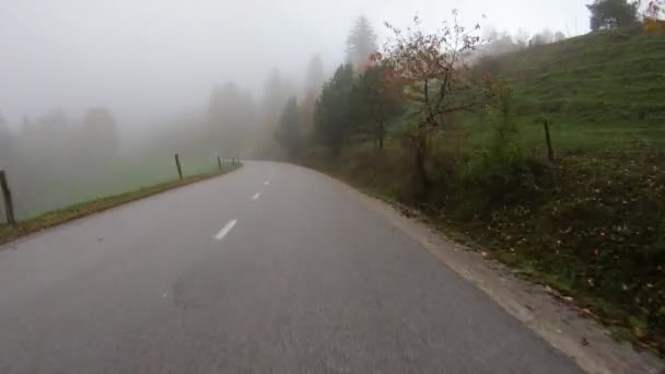 Pov Carro Que Move Uma Estrada Rural Nebulosa Estreita Após — Vídeo de Stock