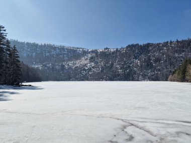 A beautiful view of a frozen lake surrounded by trees under a blue sunny sky