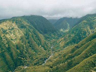 Hawaii, Oahu 'da bulutlarla kaplı yeşil dağların arasından akan bir nehrin kuş bakışı görüntüsü.