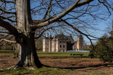 Kış çorak ağaç ve dallar, arka planda Ruurlo kalesinin tuğla dış cephesi ve cam erişim köprüsü ile ışıl ışıl parlıyor.