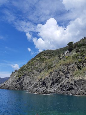 A vertical shot of a rocky cliff surrounded by a blue ocean in cloudy sky background