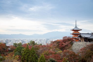 A distant view of the Kiyomizu-dera Buddhist temple in Kyoto, Japan