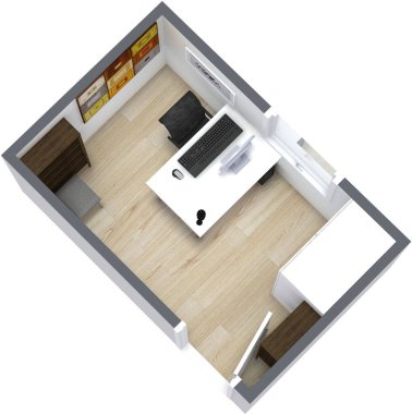 A 3d render design of the top view of an office room has computer and shelves on white background