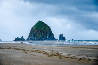 Dağlık adalara karşı alçak gelgit sırasında sahilde yürüyen bir çift turist.