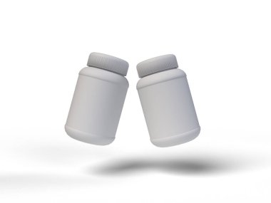 Beyaz arka planda izole edilmiş 3 boyutlu ilaç şişeleri