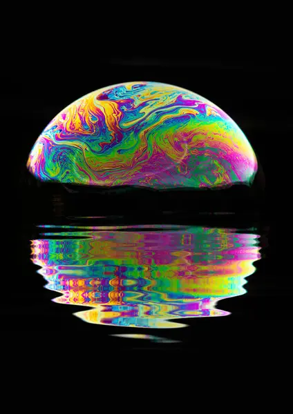 Colorful Soap Bubble Reflected Water Isolated Black Background — Fotografia de Stock