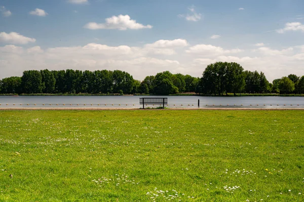 Bench Bright Gren Field Water Delft Netherlands — Stock Photo, Image