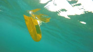 An underwater view of a yellow paddle of the boat