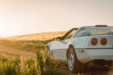 A beautiful shot of a Corvette C4 car in a rape field on the road