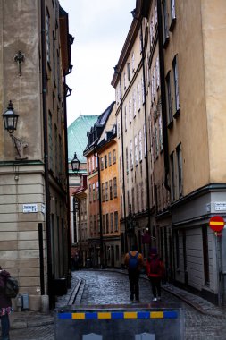 Gamla Stan, Stockholm, İsveç 'teki modern binaların dikey görüntüsü