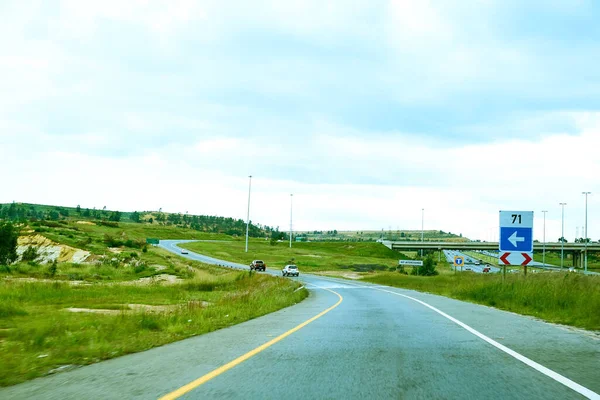 Cars Driving Countryside Asphalt Road Blue Sky Clouds — 스톡 사진