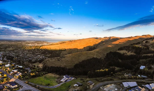 Scenic Aerial View Small Town Picturesque Hills Sunrise — Photo