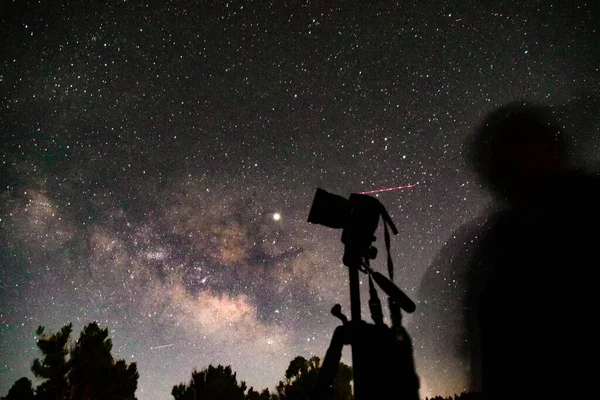 Silhouette Camera Tripod Milky Way Background Night — 스톡 사진