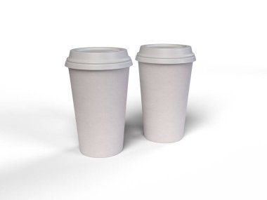 Katı bir arka planda beyaz kahve fincanlarının üç boyutlu çizimi