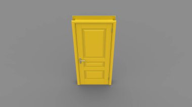 Açık, kapalı kapının yaratıcı çizimi, girişi gerçekçi sarı kapı girişi. Arka planda 3 boyutlu illüstrasyon.