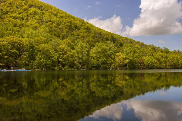 Mesmerizing View Hill Covered Trees Reflecting Lake — Stock Photo, Image