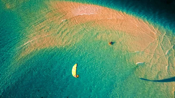 Aerial Drone Shot Kite Surfer Surfing Alone Calm Ocean Waters — Stock Photo, Image