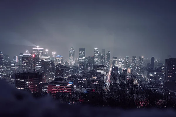 Panoramic View Illuminated City Foggy Night — Zdjęcie stockowe