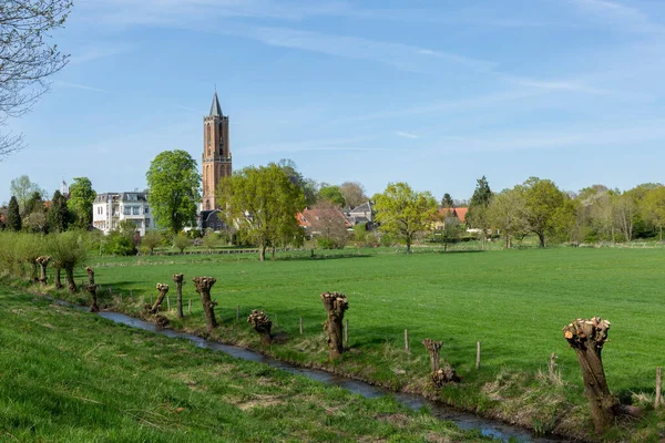 Picturesque Dutch Countryside Landscape Authentic Brick Church Tower Rising Meadows — Stockfoto