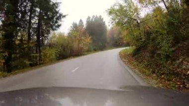 An autumn view of a country surrounded by colorful nature from a car's front windscreen