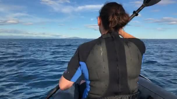 Caucasian Female Swimwear Paddling Kayak Wavy Sea — Stockvideo
