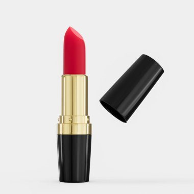 A 3D rendering of a red lipstick in a black case with a golden trim isolated on a white background