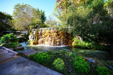 A beautiful view of flowing waterfall from rocks surrounded by trees and bushes