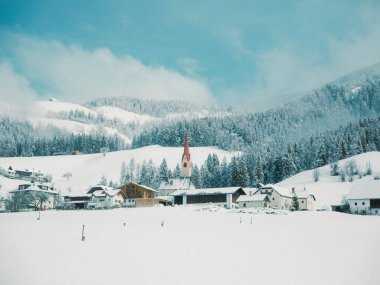 A chilling view of snow-covered buildings and pine forest in Slavske ski park in Ukraine