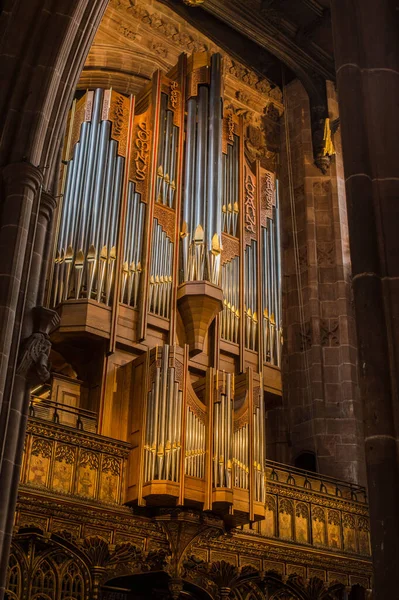 A vertical shot of a medieval organ, a keyboard instrument in the cathedral