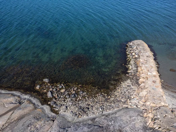 Drone Aerial Nature Photography Seascape Coastline Cliffs Stone Pier Summertime — Stock Photo, Image