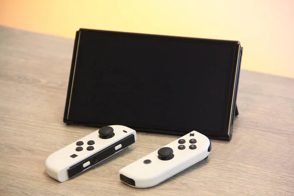 Closeup Nintendo Switch Oled Gaming Handheld Wooden Table — Stock Photo, Image
