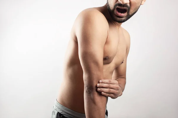 Shirtless Male Holding His Elbow Injury Screaming Face Isolated White — Stock Photo, Image