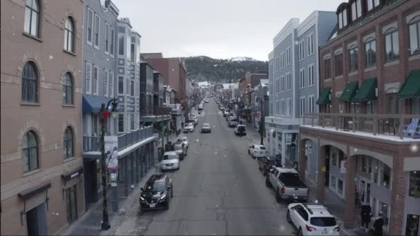 Aerial View Street Surrounded Buildings Snowy Day Big Bear Lake — Stock video
