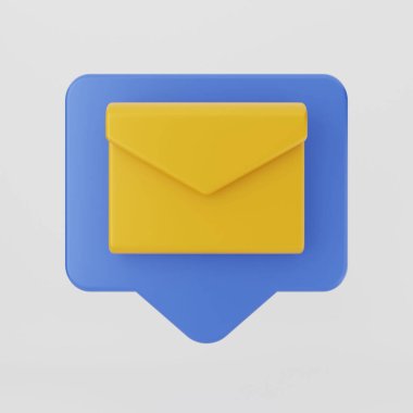 A 3d rendering of a yellow envelope inside a blue speech bubble - mail