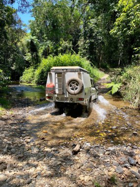 Kuzey Queensland yağmur ormanlarından geçen beyaz bir 4WD