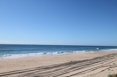 The view of the sandy shoreline with tire tracks against the blue sky.