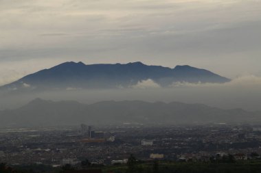 Arka planda sisli bir dağ olan bir şehir manzarası.